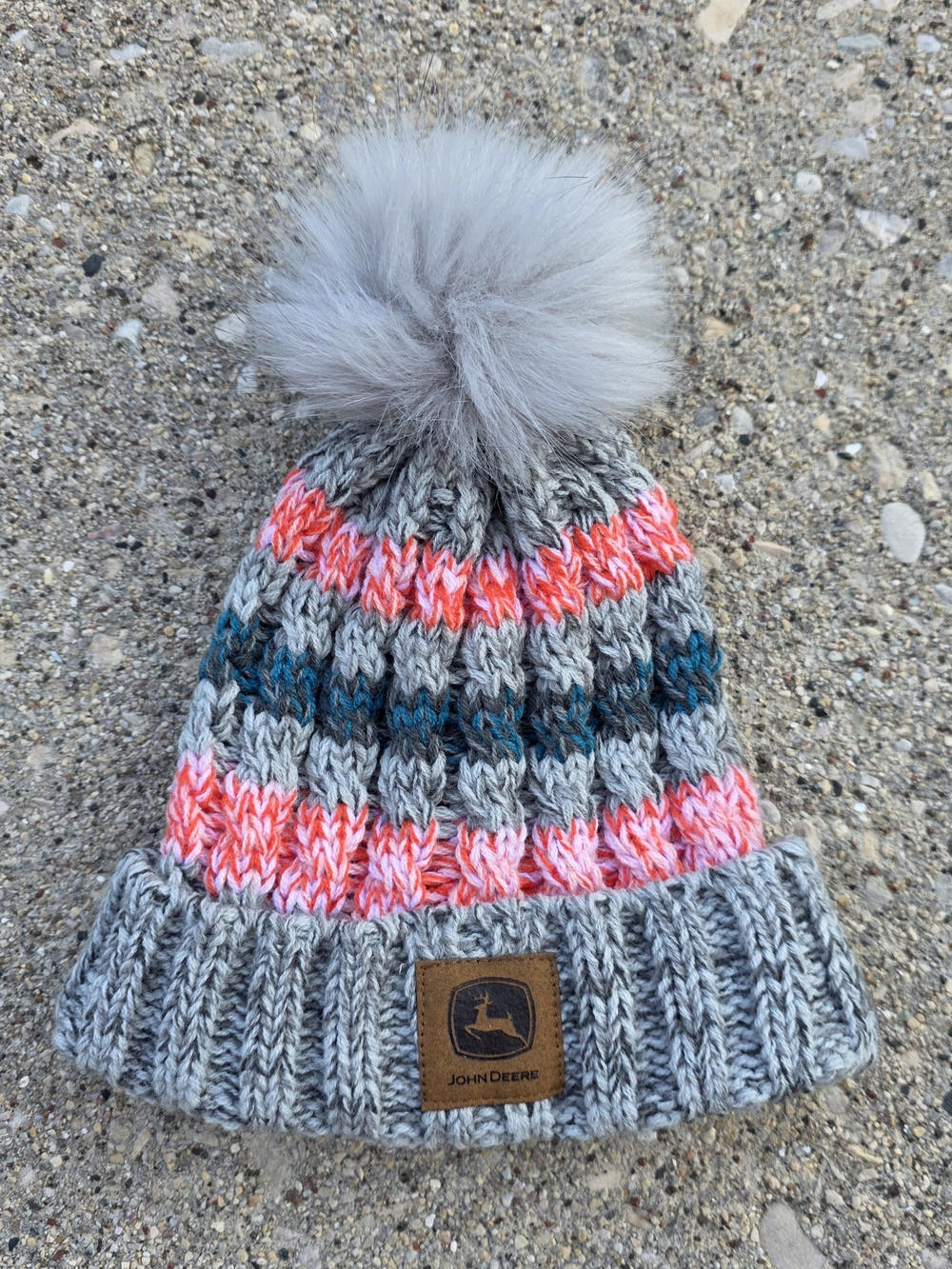 John Deere Toddler Girls Gray Pink Knit Pom Beanie Winter Hat OS